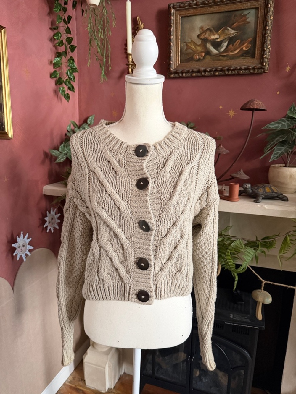 Free People Taupe Bonfire Chunky Cable Knit Button-Front Cardigan